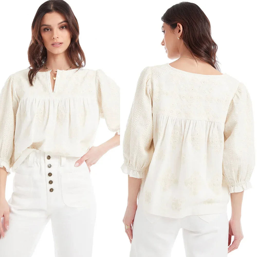 THE COAST BRAND Leela 100% Cotton Embroidered Peasant Blouse Top Size S
